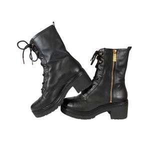 Michael Kors Anaka Leather Combat Boots 7.5 Black with Gold Zipper